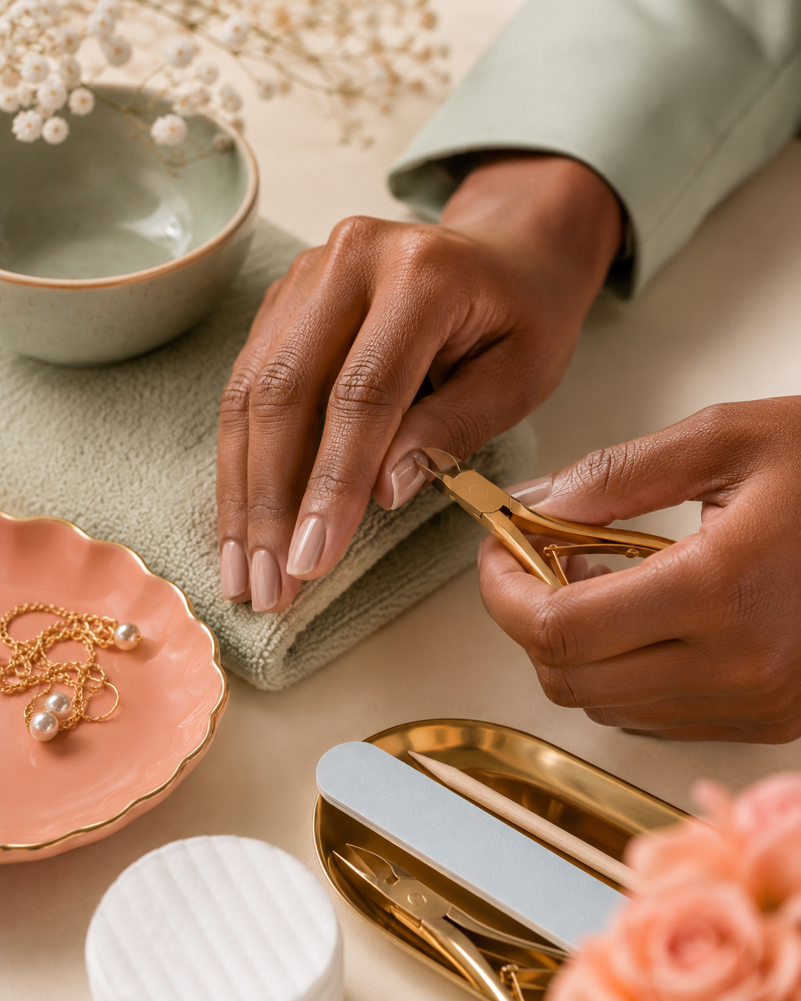 Nail products and tools arranged for careful use